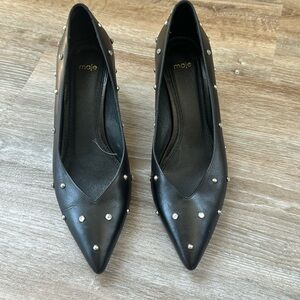 Maje Flostrass Black Leather Crystal Studded Kitten Heel Pumps Size 39